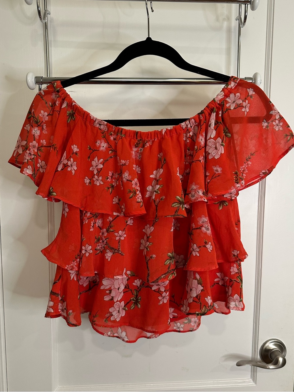 Dark Orange Japanese Blossom Floral Off-Shoulder Ruffle Top